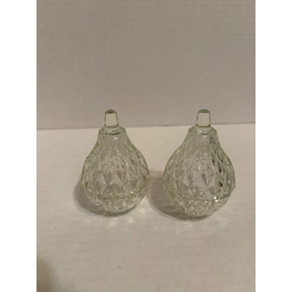 Vintage Diamond Point Cut Clear Glass Pear Trinket Dish Set of 2 Lidded Box